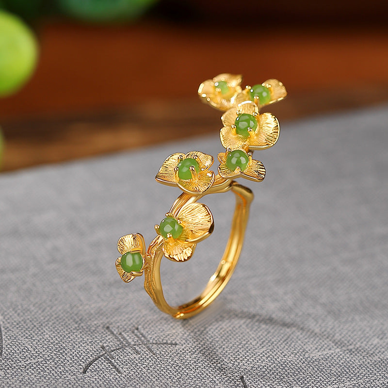 S925 sterling silver gold-plated Hetian jade jasper blooming flowers ring ancient style retro niche elegant ring