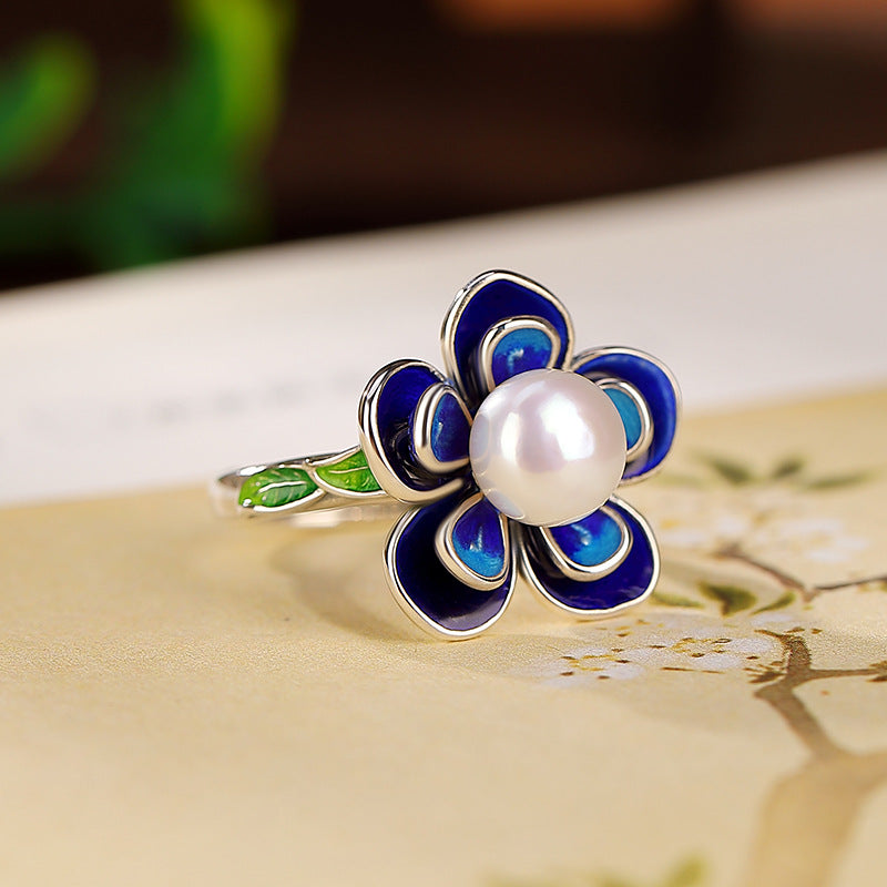 S925 sterling silver cloisonne pearl flower ring Chinese style cheongsam Hanfu accessories elegant literary ring