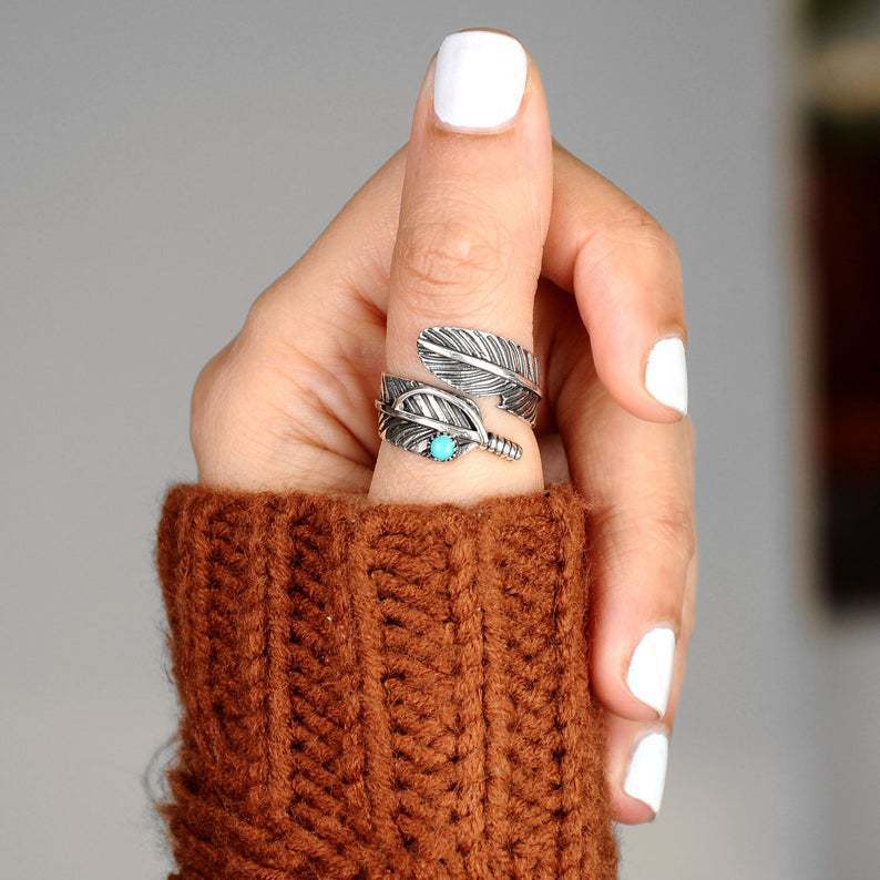 Turquoise Feather Ring - Fashion Vintage Thai Silver Adjustable Open Ring for Men and Women