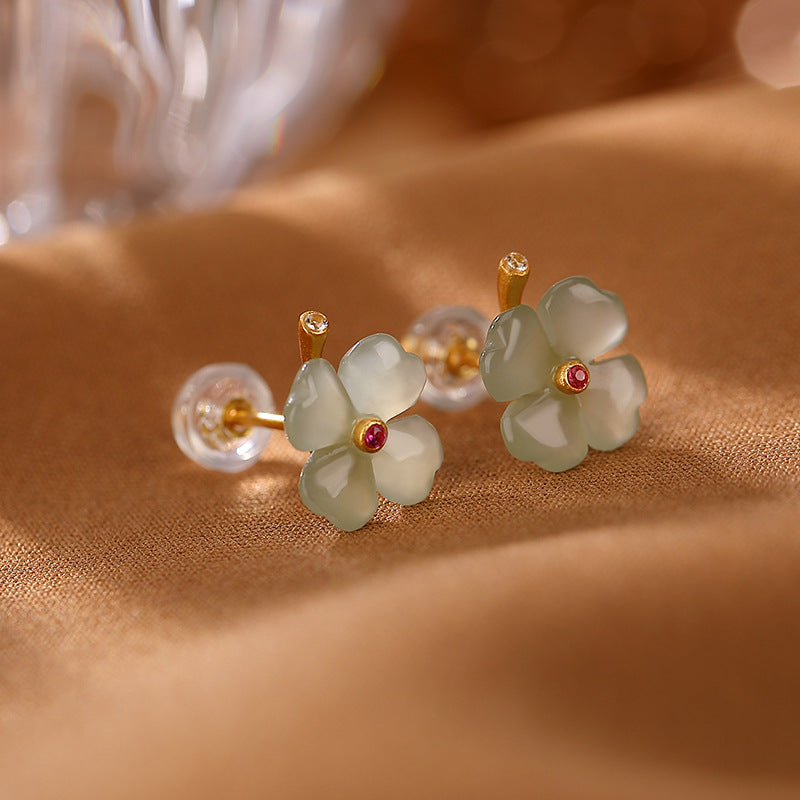 S925 sterling silver gold-plated Hetian jade lucky four-leaf clover earrings  Classic temperament earrings