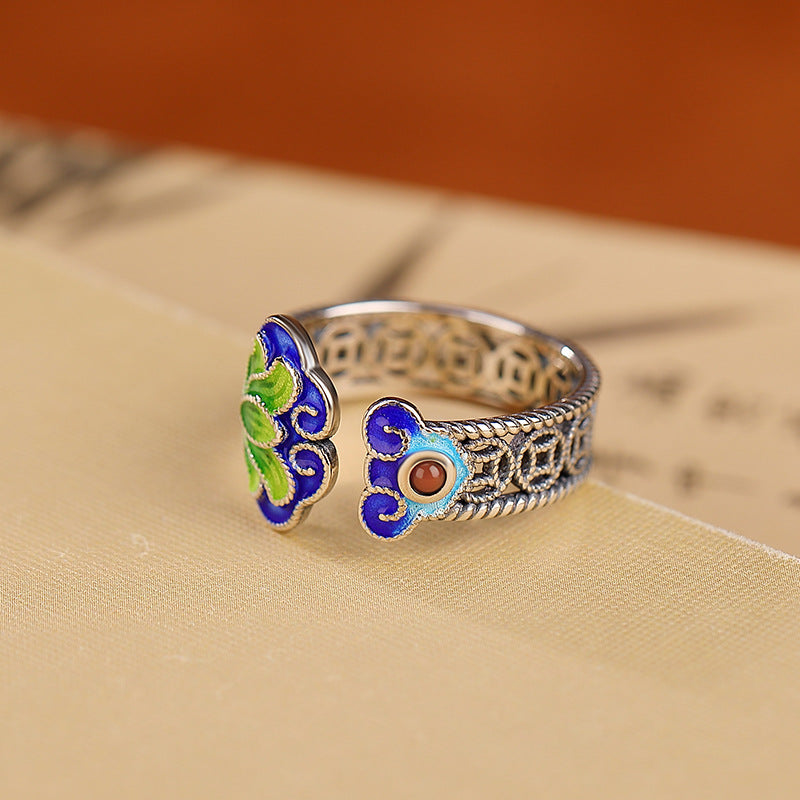 S925 sterling silver Nanhong Guochao enamel lotus Ruyi coin ring  ethnic style hollow opening adjustable