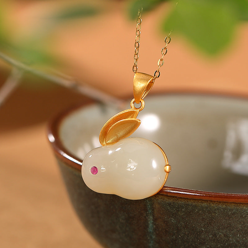 S925 sterling silver gold-plated Hetian jade rabbit earrings, rings and pendant sets  Cute and elegant women's earrings