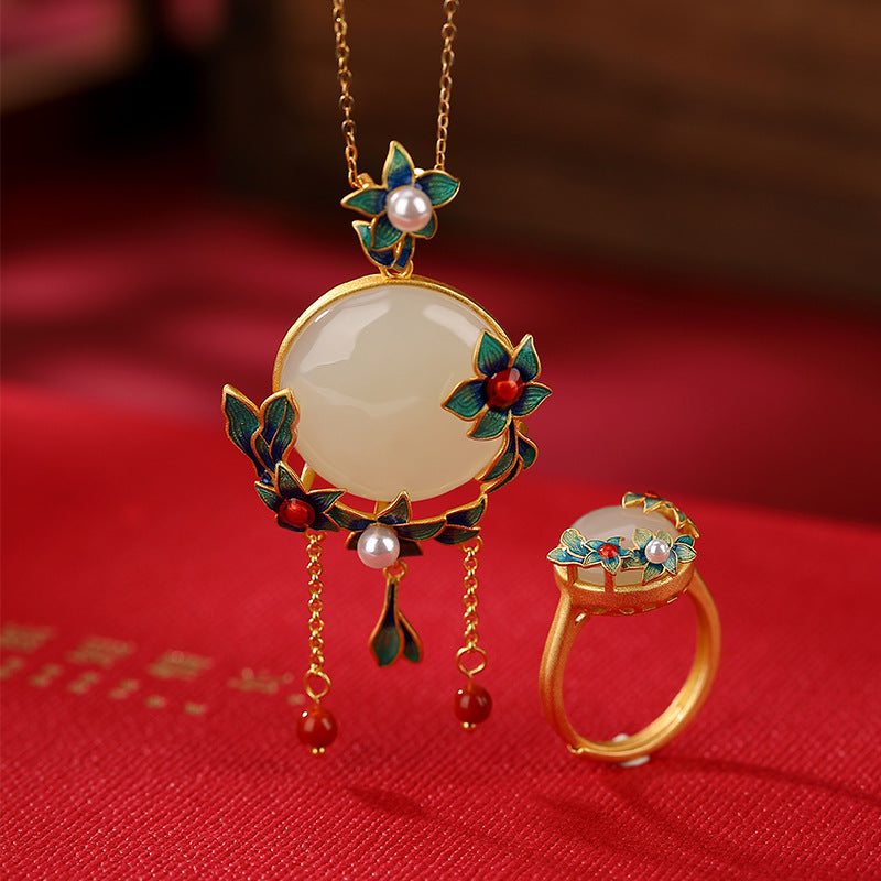 S925 sterling silver gold-plated cloisonne and Hetian jade pearl ring  Retro palace style plum blossom tassel pendant