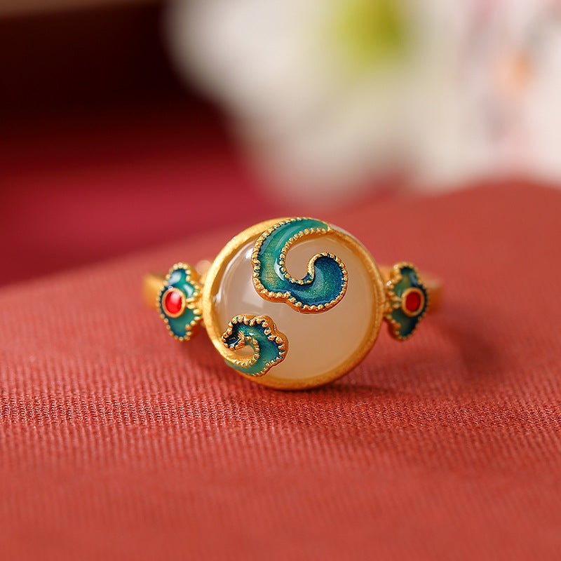 S925 sterling silver gold-plated cloisonne and Hetian jade auspicious cloud and ruyi ring Retro national style