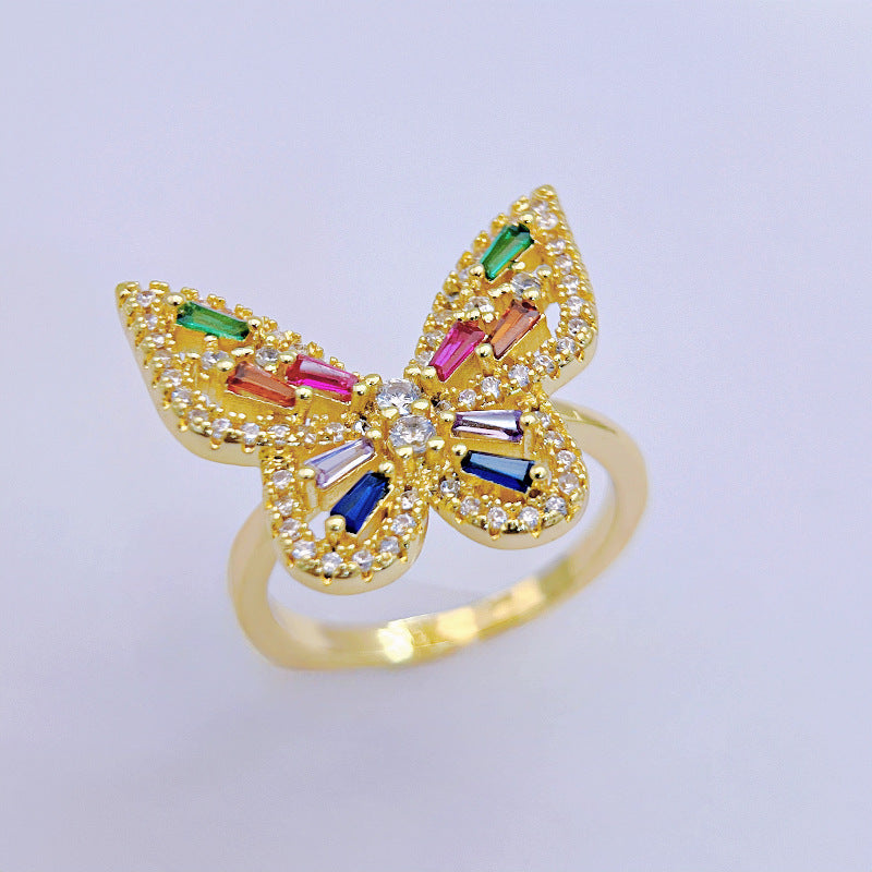 Fashionable Hollow Design Zircon Ring - Open Adjustable Butterfly Ring with Multicolored Zircon Gems, Light Luxury Accessory