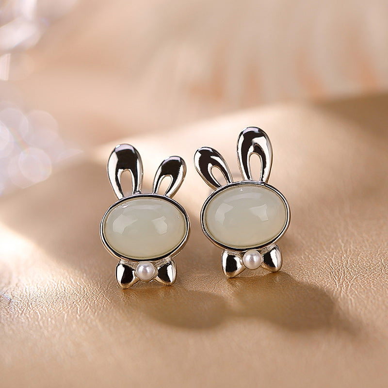 S925 sterling silver and Hetian jade South Red Rabbit open ring cute versatile simple female personality ring, earrings