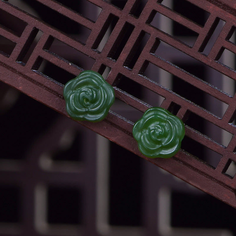 925 silver natural Hetian jade rose earrings