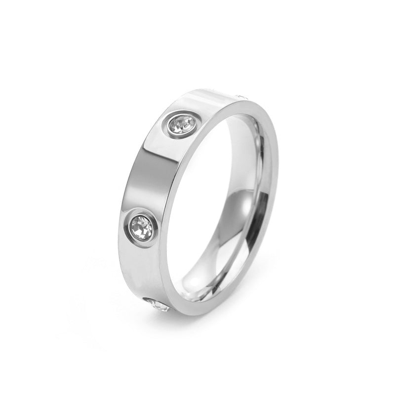 High-End Titanium Steel Ring with Six Crystals - Elegant Non-Fading Couple Rings for Women