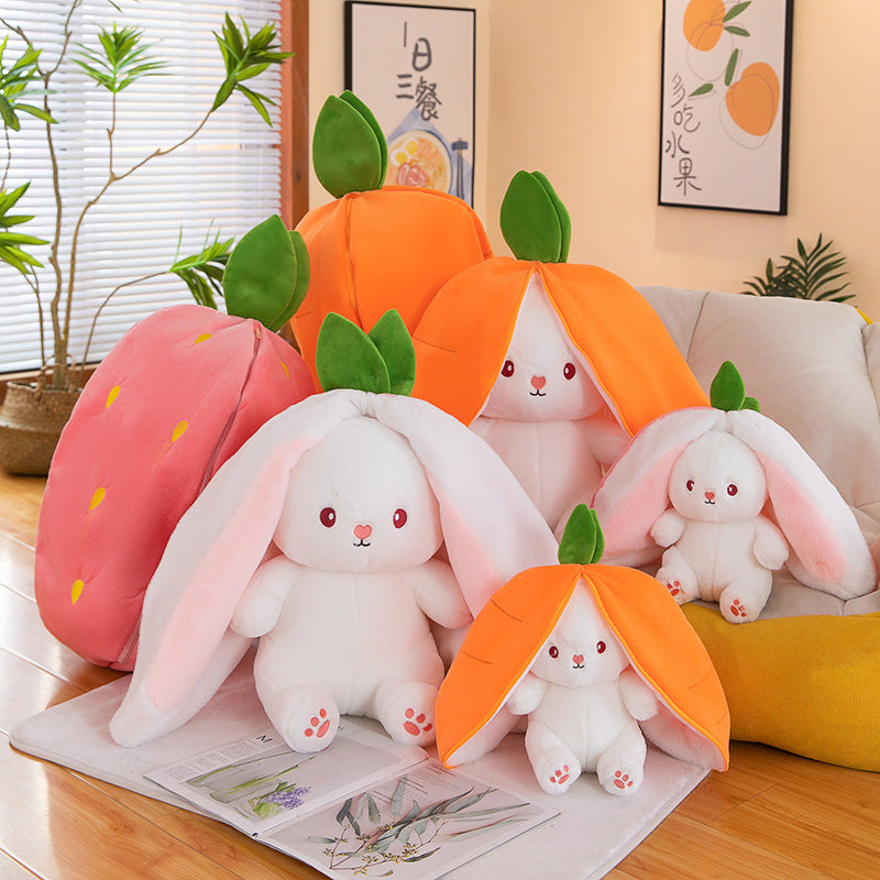 Cute Strawberry and Carrot Bunny Plush Toy - Transformable Fruit Rabbit Plush, Birthday Gift and Prize