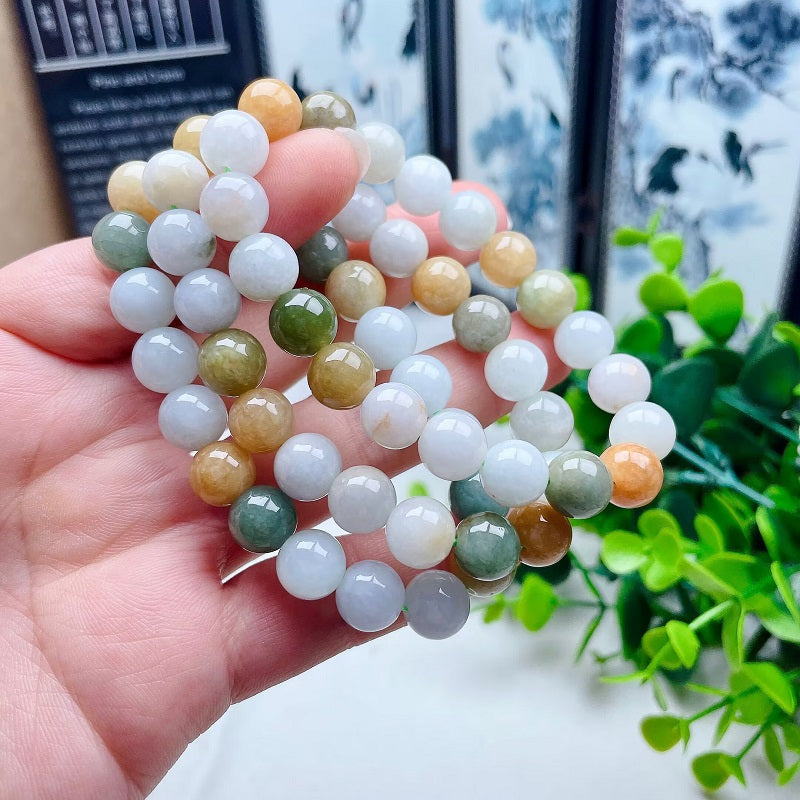 Myanmar natural white yellow green jadeite 10mm bracelet