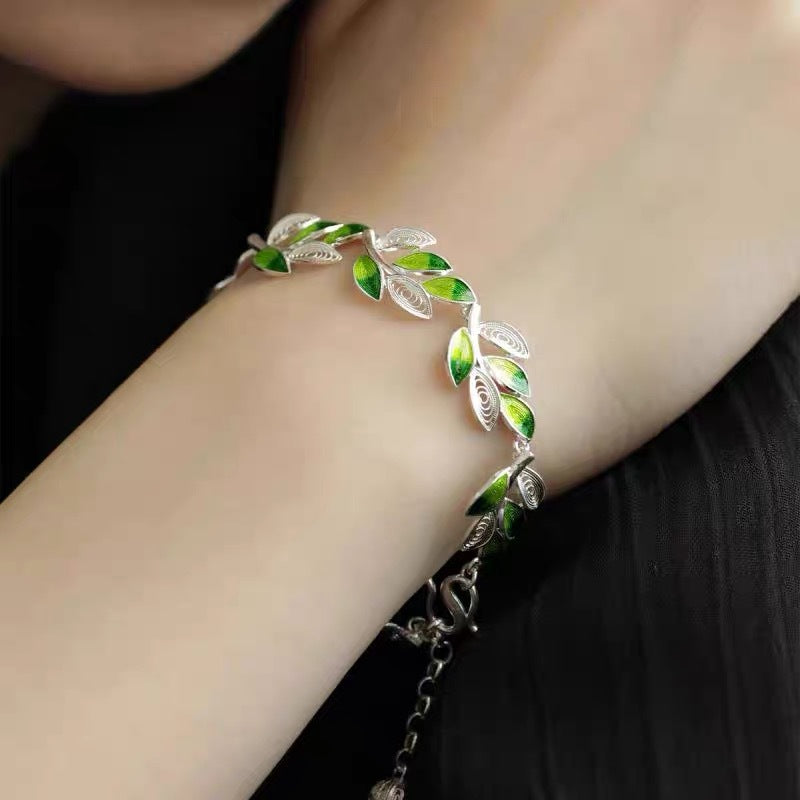 Chinese enamel drip glaze retro national style leaf flower bracelet