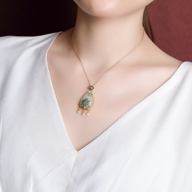 S925 sterling silver gold-plated Hetian jade national tide cloisonne carp Ruyi water drop tassel pendant