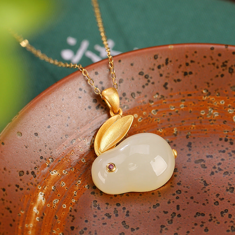 S925 Sterling Silver Gold-Plated Hetian Jade Rabbit Jewelry Set - Cute Earrings, Pendant, and Ring