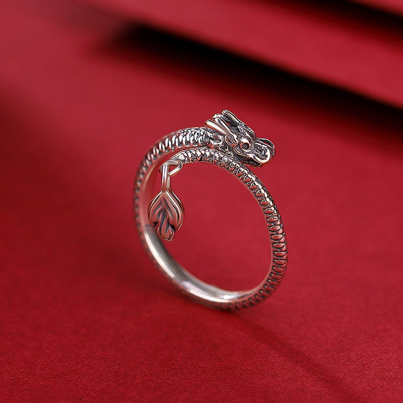 S990 Retro Chinese Zodiac Dragon Ring Personalized Silver Open Ring with Dragon Tail