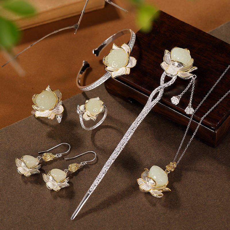 S925 sterling silver gold-plated Hetian jade lotus earrings, rings, pendants, and hairpins set  Elegant female jewelry