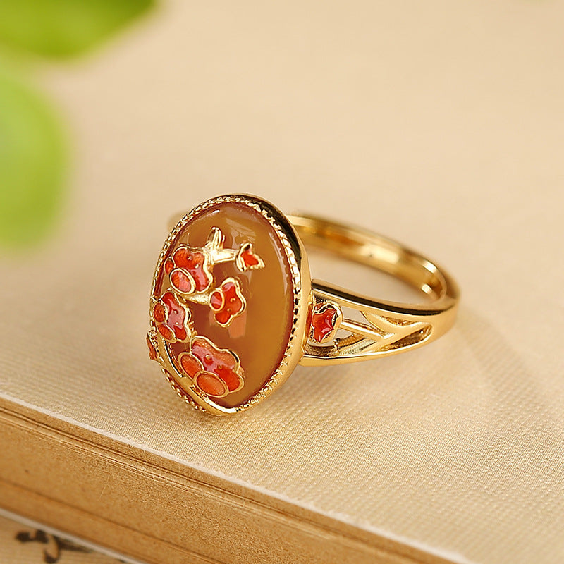 S925 sterling silver gold-plated beeswax enamel peach blossom hollow ring