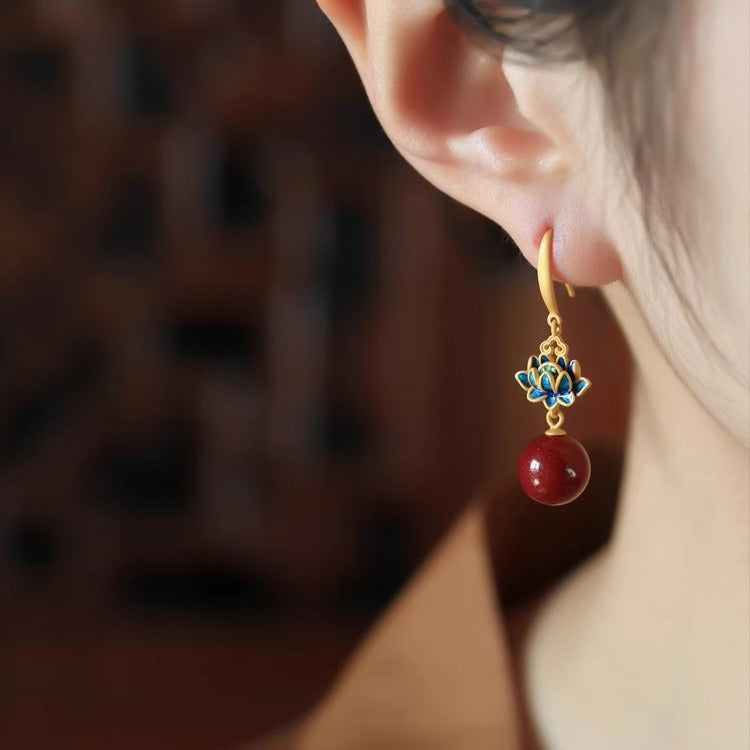 Chinese retro style lotus earrings  Women's red Chinese style ethnic style palace earrings