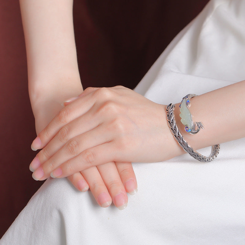 S925 silver and Hetian jade national tide blue phoenix nirvana carved retro hollow silver bracelet