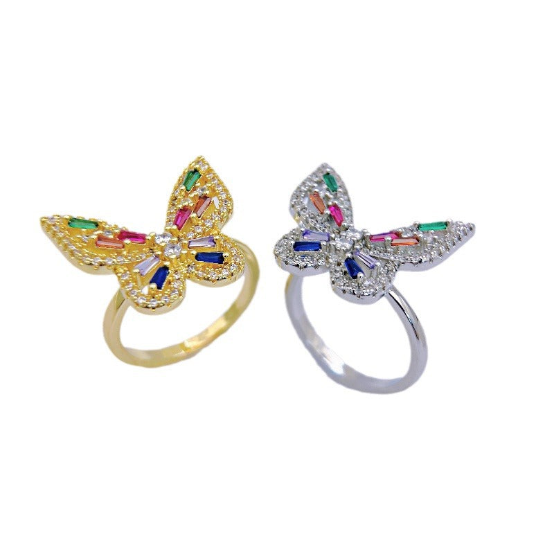 Fashionable Hollow Design Zircon Ring - Open Adjustable Butterfly Ring with Multicolored Zircon Gems, Light Luxury Accessory