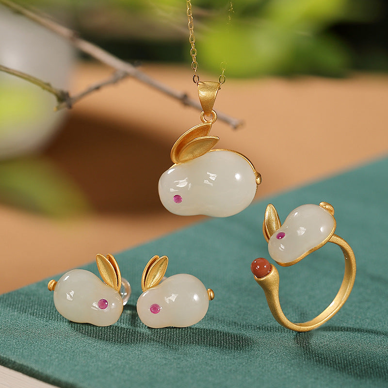 S925 sterling silver gold-plated Hetian jade rabbit earrings, rings and pendant sets  Cute and elegant women's earrings