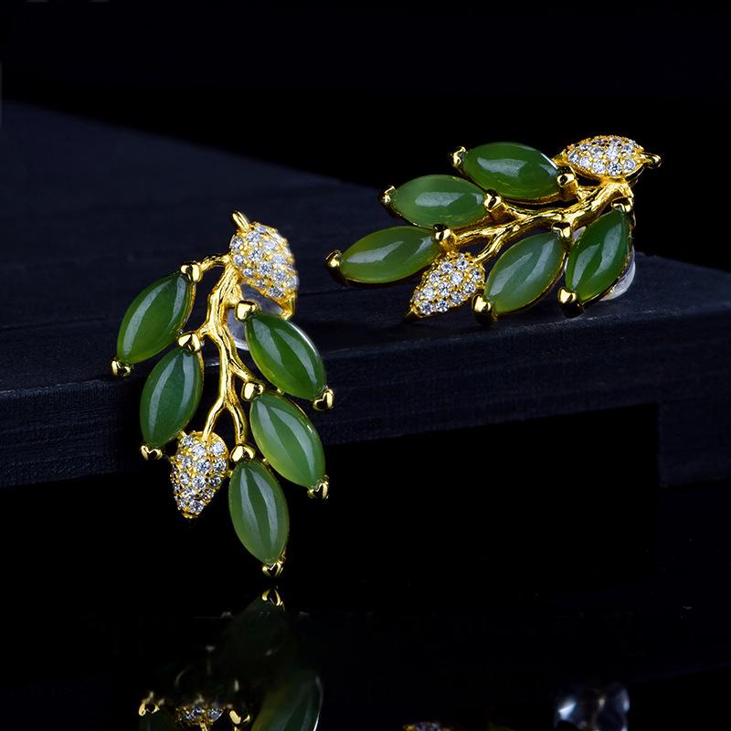 925 silver natural Hetian jade "Golden Branches and Jade Leaves" earrings