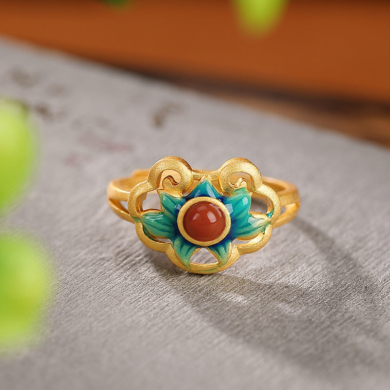 S925 sterling silver gold-plated vintage Nanhong Ruyi hollow enamel lotus ring  Chinese style temperament ring