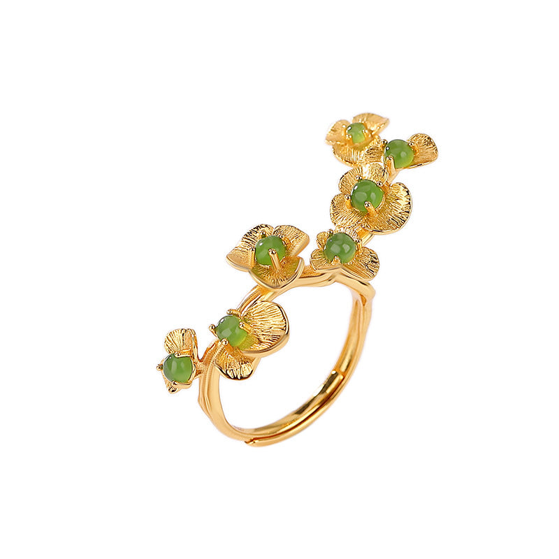 S925 sterling silver gold-plated Hetian jade jasper blooming flowers ring ancient style retro niche elegant ring