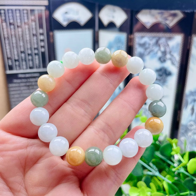 Myanmar natural white yellow green jadeite 10mm bracelet