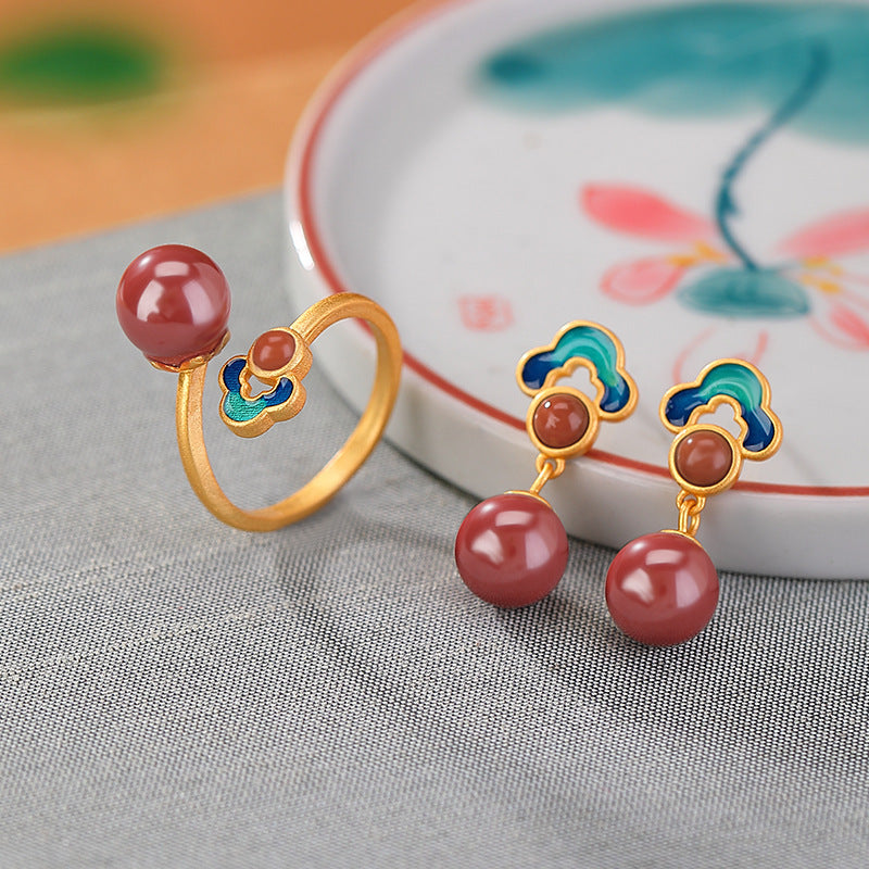 Chinese Style Cloisonné Enamel Cloud Bead Earring and Ring Set - Guochao Collection