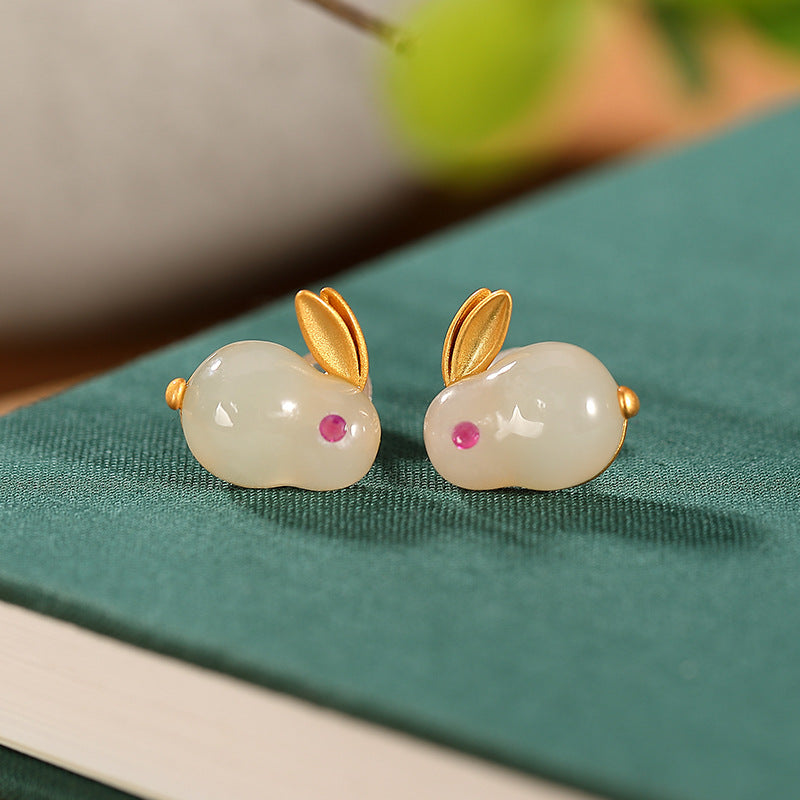 S925 sterling silver gold-plated Hetian jade rabbit earrings, rings and pendant sets  Cute and elegant women's earrings