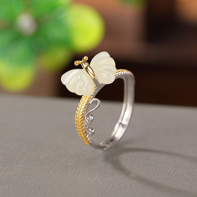 S925 sterling silver and gold-plated Hetian jade butterfly ring