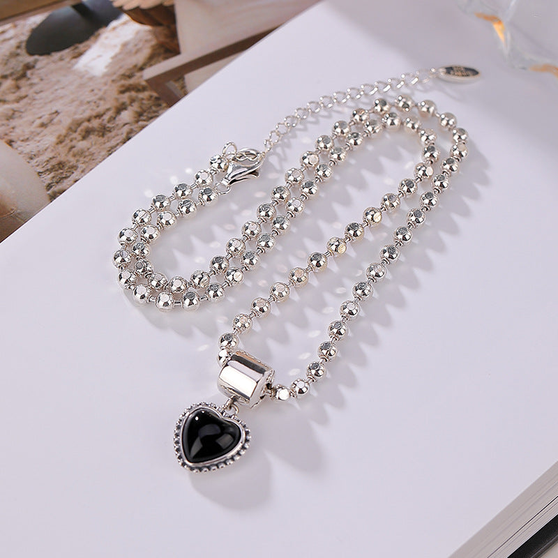 S925 sterling silver black agate heart pendant necklace  simple and elegant one-piece accessory, two-piece personality, sweet and cool necklace