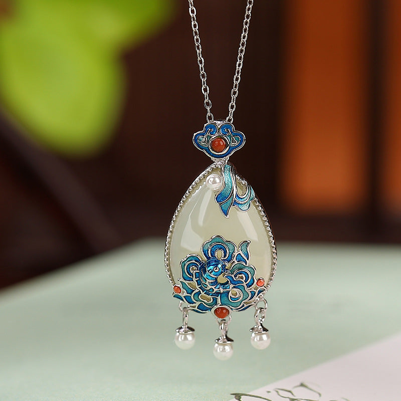 S925 sterling silver gold-plated Hetian jade national tide cloisonne carp Ruyi water drop tassel pendant