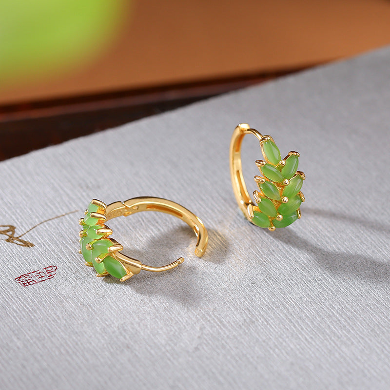 S925 sterling silver gold-plated Hetian jade jasper gold branches and jade leaves Chinese style elegant silver earrings