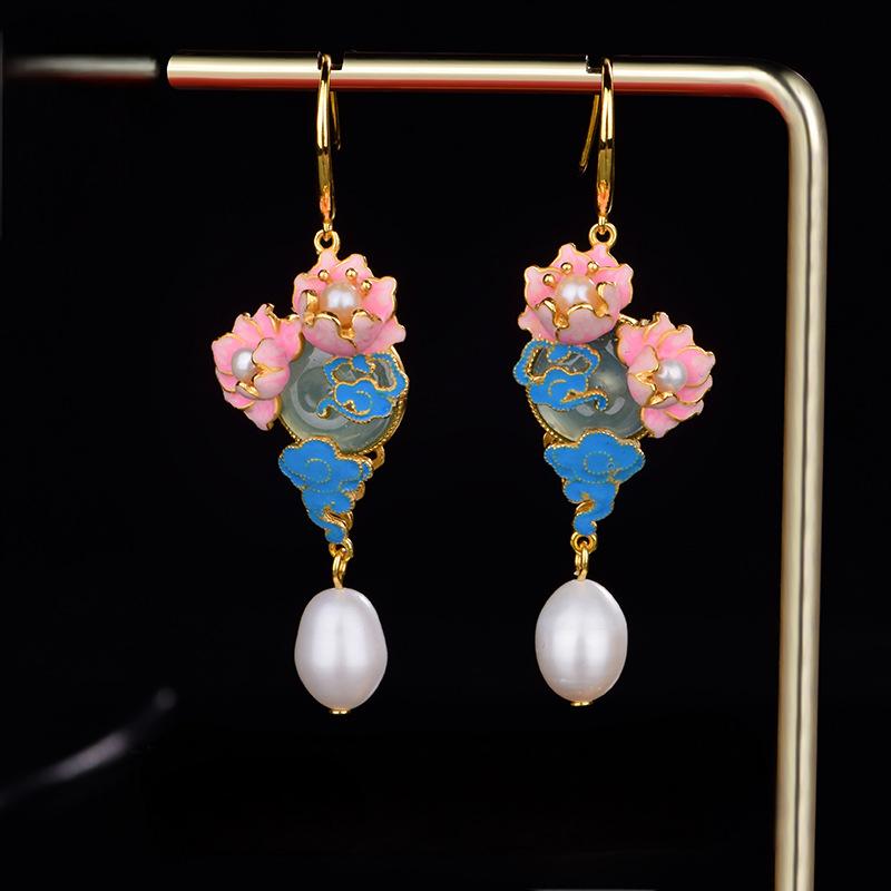 925 silver jadeite "Auspicious Cloud Peony" enamel earrings