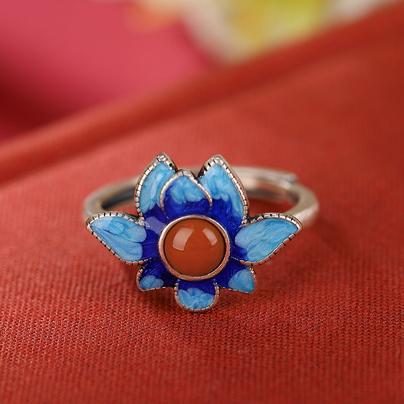 S925 sterling silver Nanhong cloisonne vintage lotus ring  Guochao enamel personality open ring