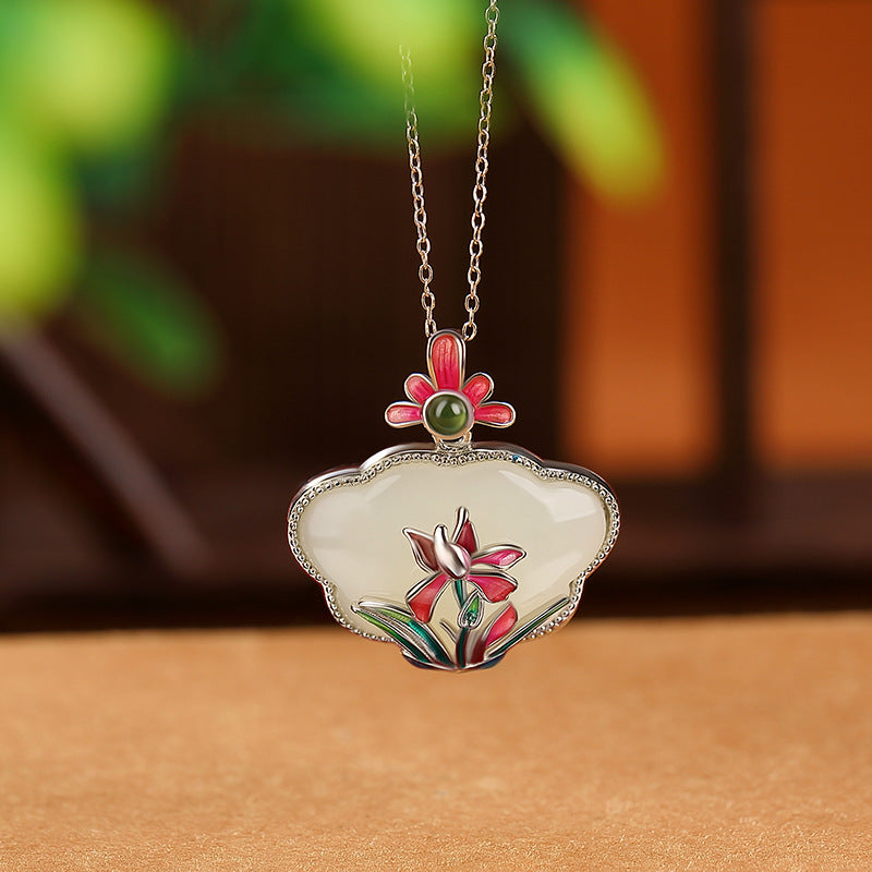 S925 sterling silver Hetian jade jasper national tide enamel orchid pendant auspicious ethnic style silver pendant