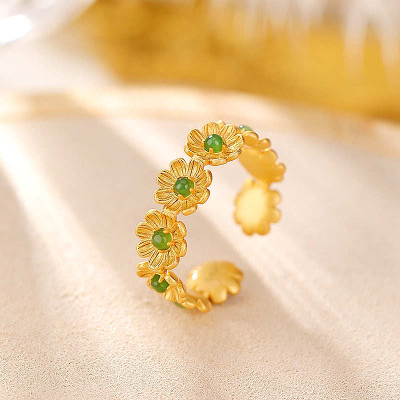 S925 sterling silver gold-plated Hetian jade jasper forest daisy ring | Fresh and cute all-match flower ring