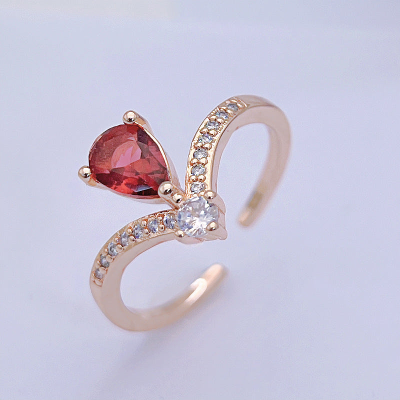 Exquisite Pigeon Blood Red Crystal Ring - High-End Garnet V-Design with Ruby Accents, Exclusive Luxury Accessory for Women