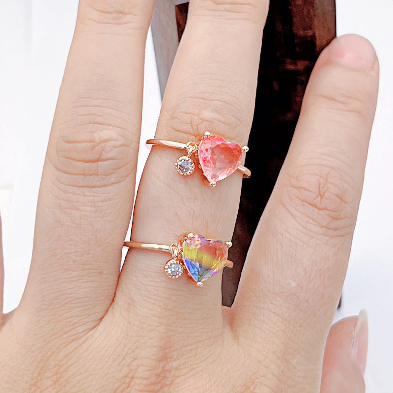 Rainbow Stone Heart Open Ring - Adjustable Finger Ring with Blood Red Gem, Sweet and Unique High-End Design for Women