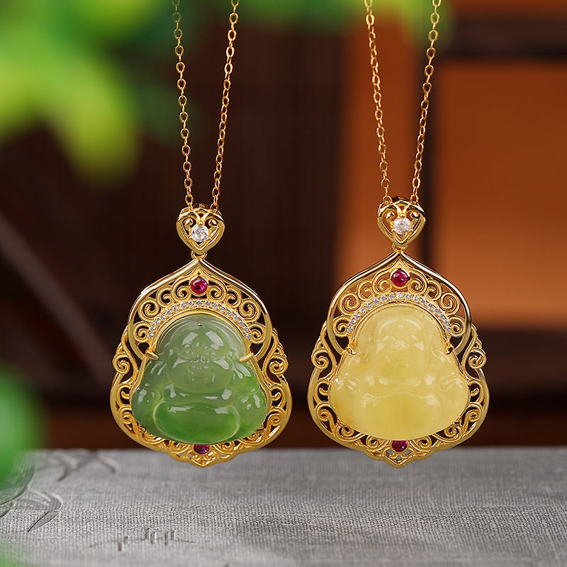 Natural Hetian Jade Laughing Buddha Blessing Abundance Necklace Pendant