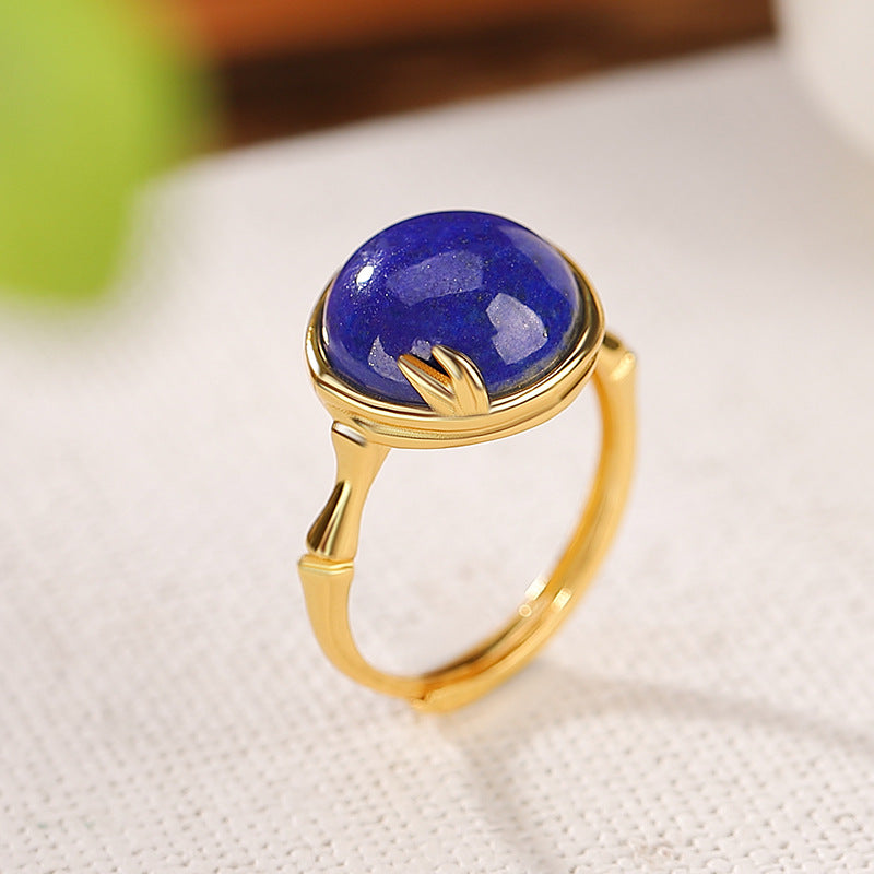 S925 Sterling Silver Gold Plated Lapis Lazuli Round Ring Set - Rings and Necklaces