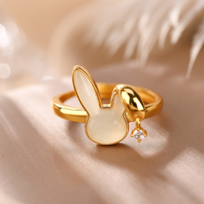 S925 sterling silver and gold-plated Hetian jade lucky rabbit ring Temperamental cute rabbit open ring Fashionable and versatile female jewelry