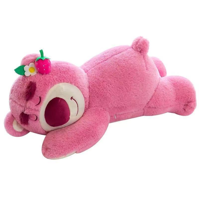 Strawberry Bear Plush Toy in Lying Position - Soft Stuffed Teddy Bear Pillow