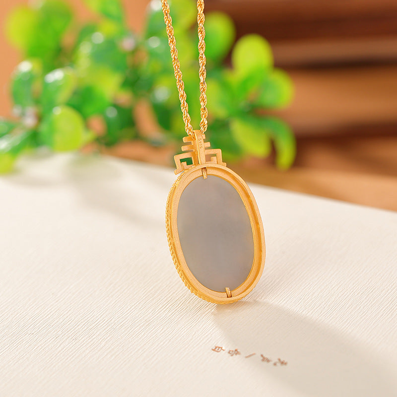 S925 sterling silver gold-plated Nanhong Hetian jade smoky purple jade national tide enamel pendant auspicious pattern egg-shaped silver pendant