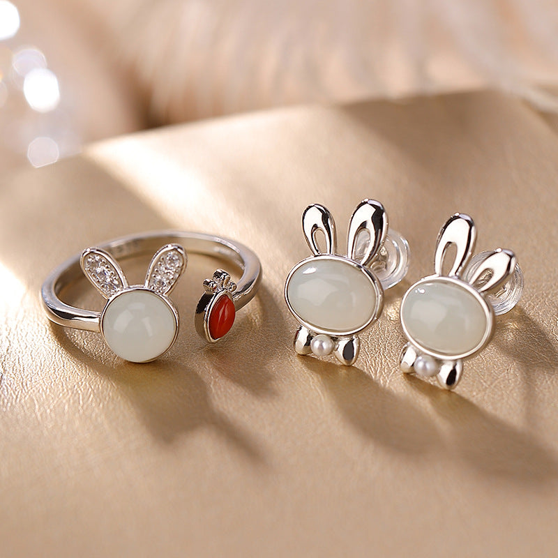 S925 sterling silver and Hetian jade South Red Rabbit open ring cute versatile simple female personality ring, earrings