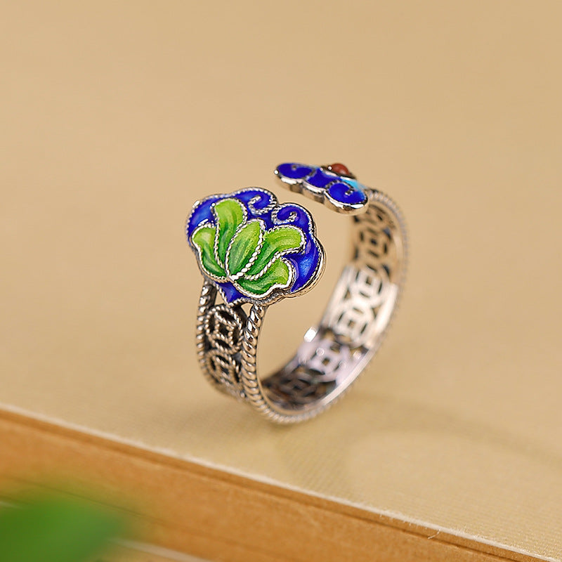 S925 sterling silver Nanhong Guochao enamel lotus Ruyi coin ring  ethnic style hollow opening adjustable