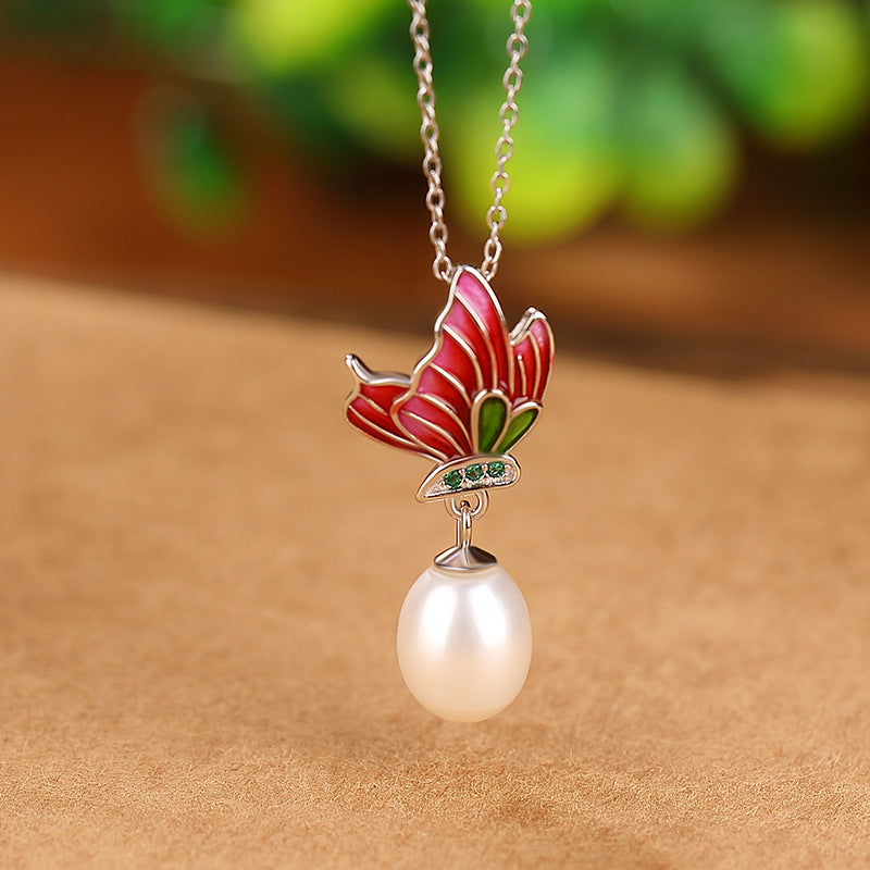 S925 sterling silver pearl butterfly design temperament set  Chinese elegant retro rings, earrings, necklaces