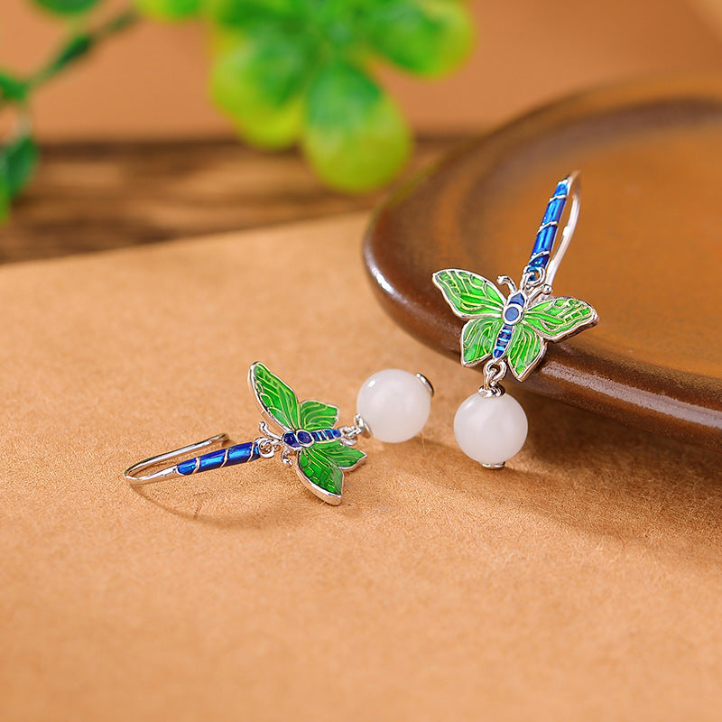 S925 sterling silver Hetian jade white jade cloisonne butterfly round bead earrings  National trend new Chinese style enamel earrings