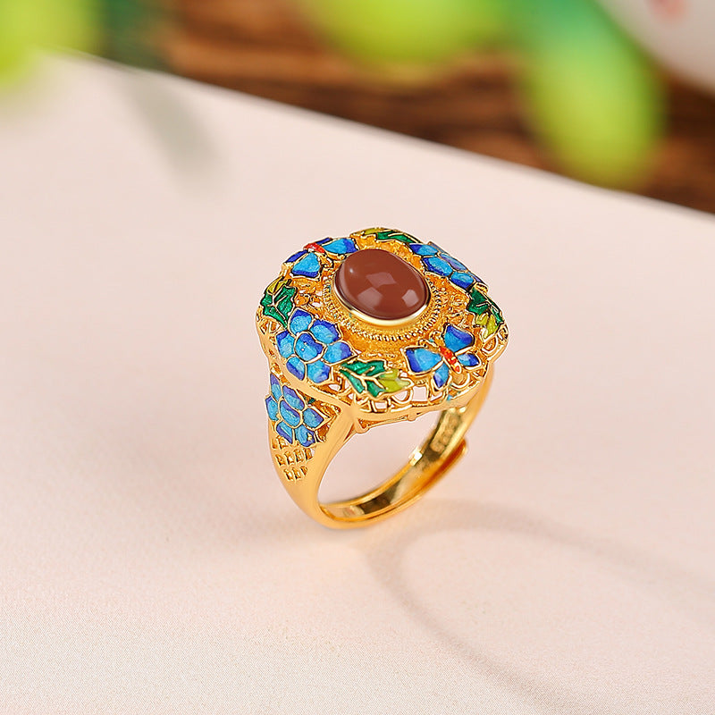 S925 sterling silver gold-plated Nanhong lapis lazuli enamel butterfly lotus hollow ring  National trend egg-shaped ring